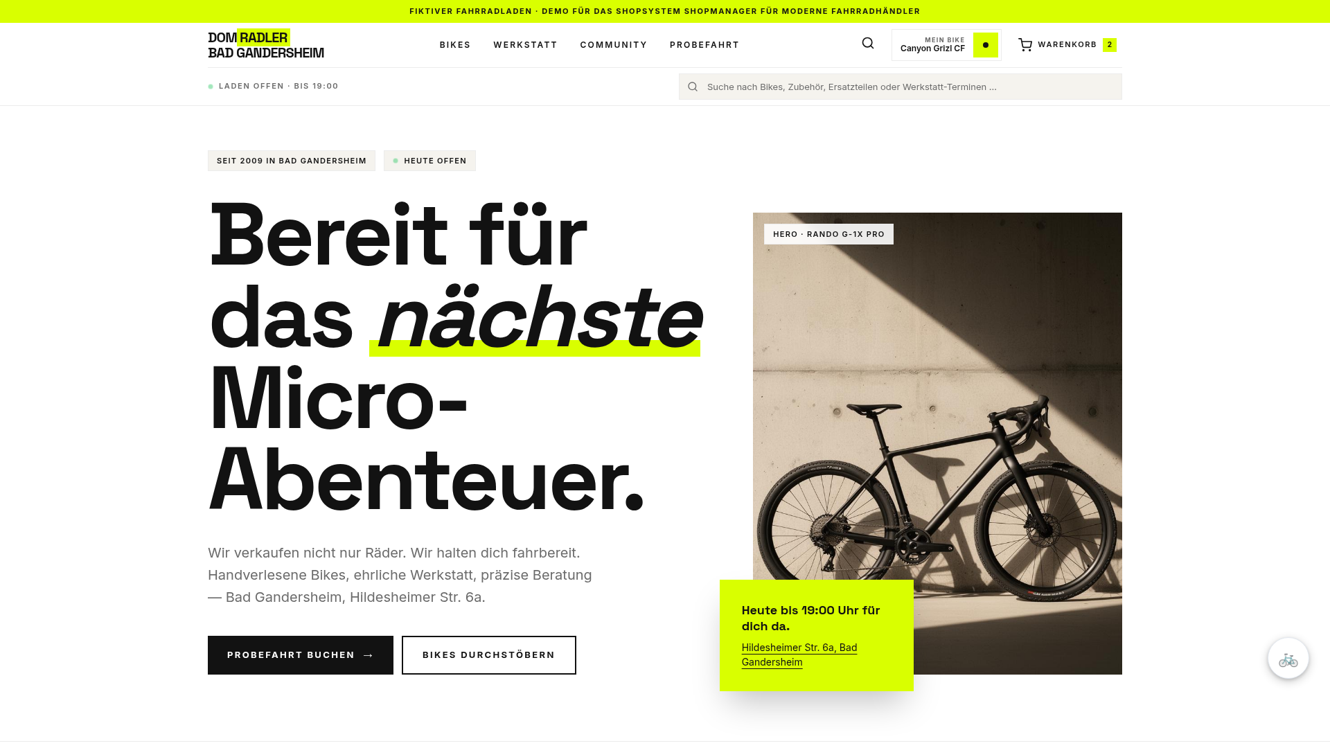 Beispiel einer kostenlosen Design-Vorschau: Fahrradladen-Onlineshop mit Hero-Bike, Standortangabe und Probefahrt-Buchung