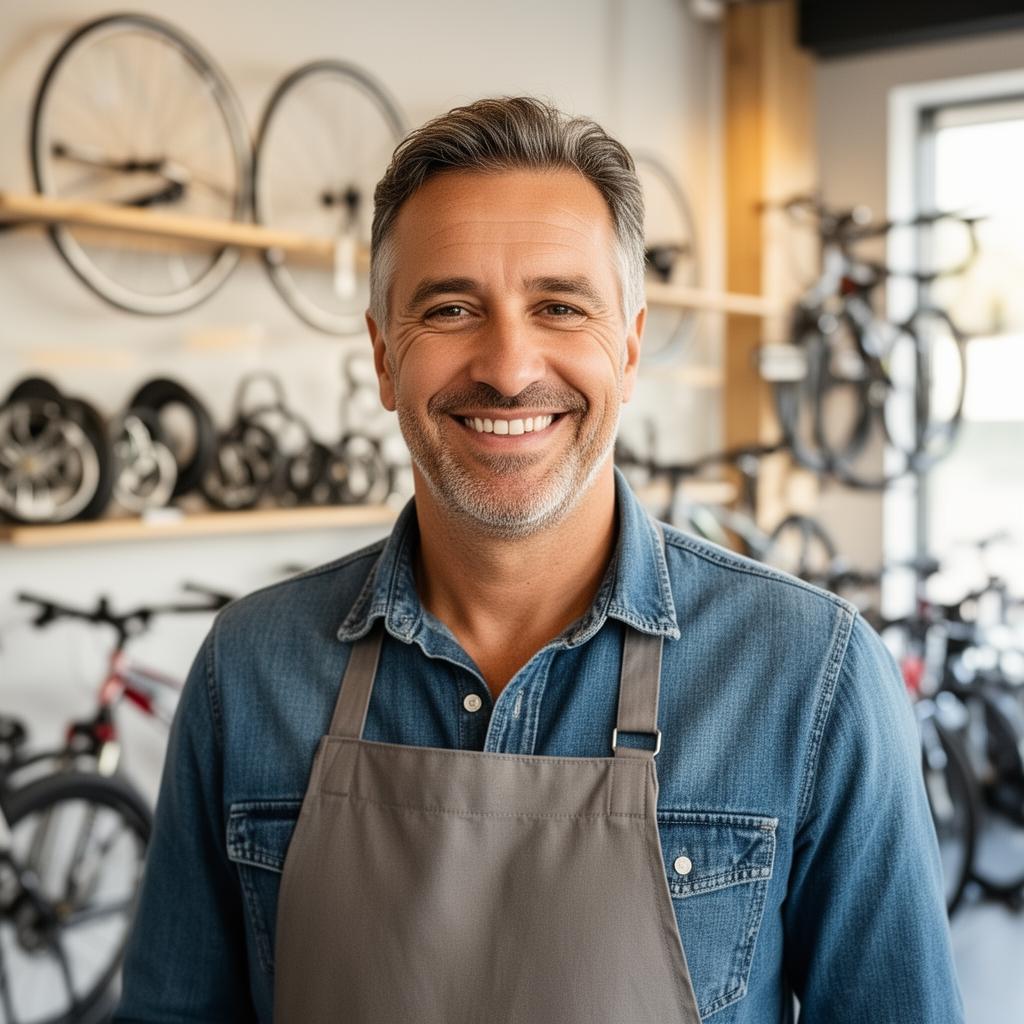 Inhaber eines Fahrrad-Fachhandels nutzt das Onlineshop System für Zweiradhändler